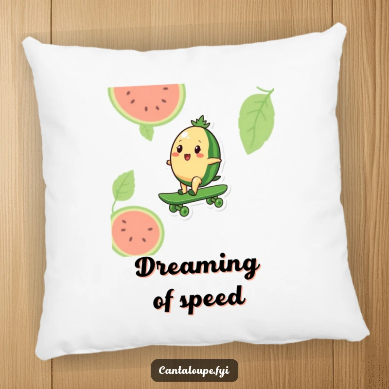 Funny pillow featuring a cantaloupe character riding a giant watermelon like a skateboard, perfect for comfortable and stylish decor.