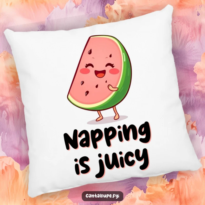 Funny pillow featuring a smiling watermelon wedge character wiggling enthusiastically, offering comfort and a dose of summer humor.