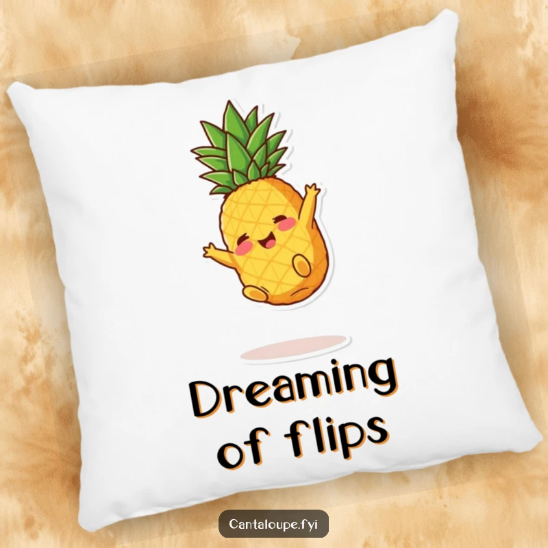 Funny Pineapple Pillow: A soft, plush cushion featuring a happy pineapple chunk character mid-somersault, adding comfort and humor.