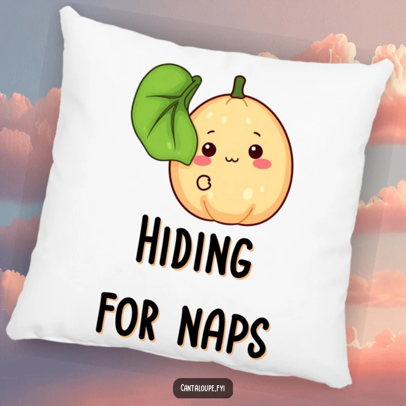 Funny Pillow: A shy cantaloupe peeks from behind a leaf, offering comfort and timid smiles. A sweet funny gift.
