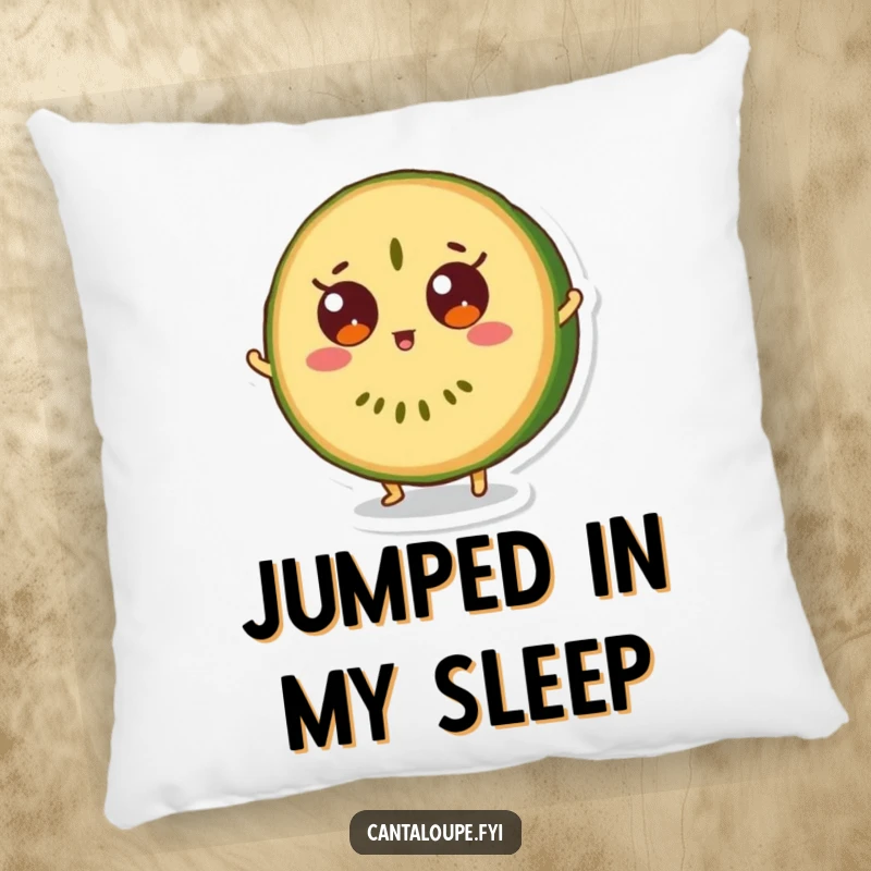 Funny pillow featuring a cantaloupe slice character in a surprised bounce, eyes wide, bringing cheer.