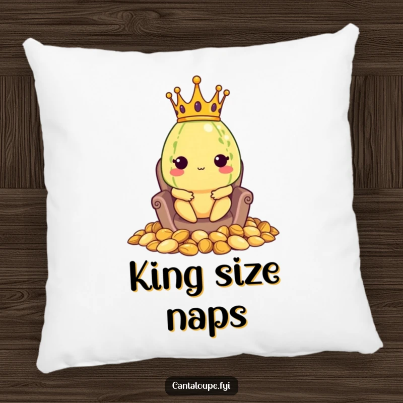 Funny pillow featuring a cantaloupe character wearing a crown and sitting on a throne made of seeds, providing humorous and comfortable decor.
