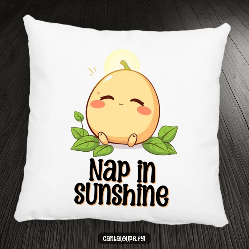 Funny pillow showing a cantaloupe character with closed eyes, peacefully enjoying a sunbeam, designed for ultimate comfort.