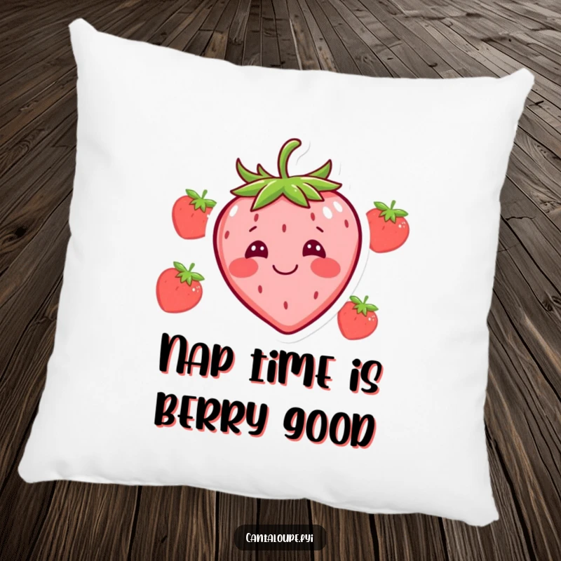 Funny pillow with a happy strawberry character displaying a comically silly face, providing comfort and humorous decor.