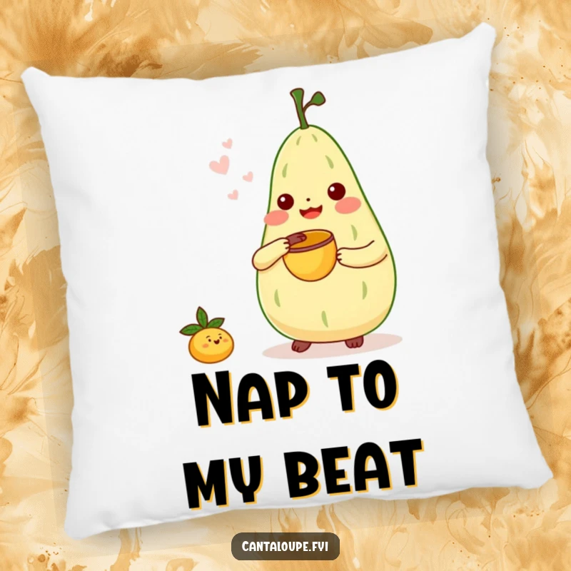 Funny Pillow: Cantaloupe character joyfully playing a tiny bongo drum with a melon scoop, bringing musical cheer to comfort.