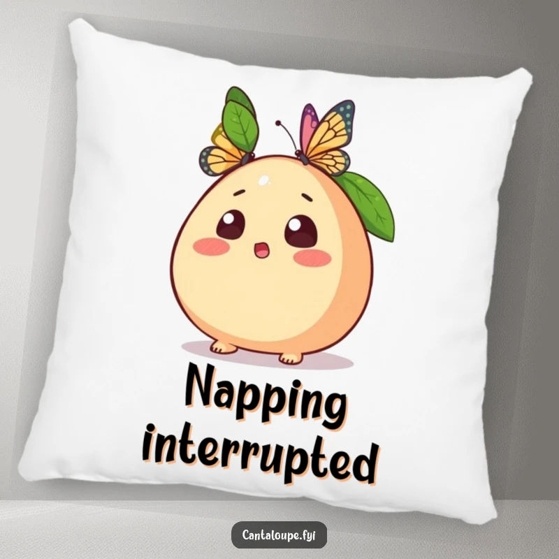 Funny pillow showcasing a surprised anthropomorphic cantaloupe character with its eyes wide open as a butterfly lands gently.