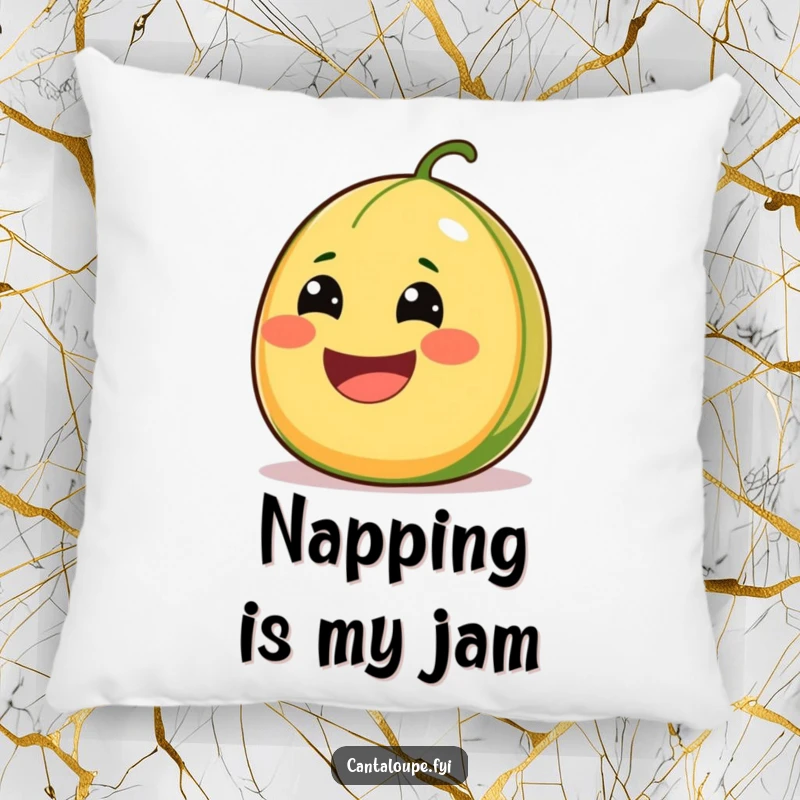 Funny Cantaloupe Pillow with a comically wide-smiling character, overflowing with juiciness and soft, comforting charm.