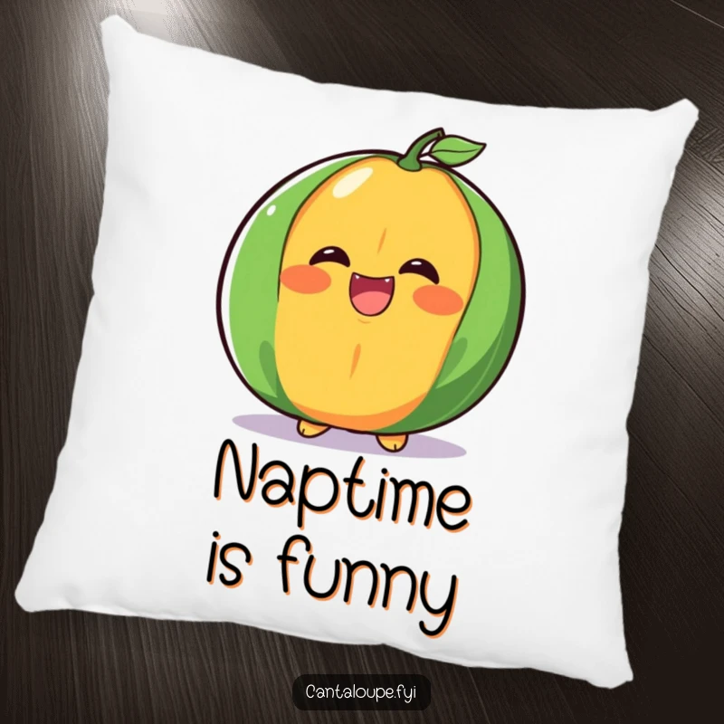 Funny cantaloupe half pillow, mid-giggle with a big, juicy laugh, providing soft comfort and comical delight.