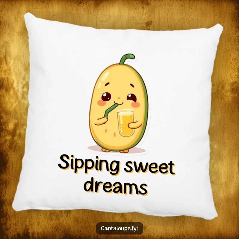 Funny pillow featuring a cantaloupe character with a satisfied look, sipping juice through a straw, perfect for comfortable and humorous decor.