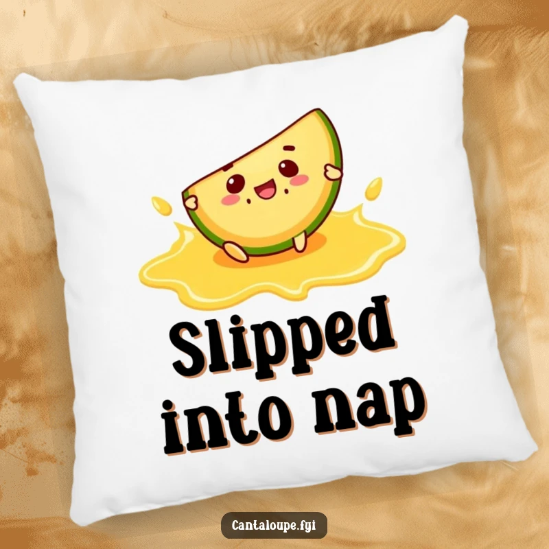 Funny pillow featuring a cantaloupe slice character comically slipping on a cantaloupe juice puddle.