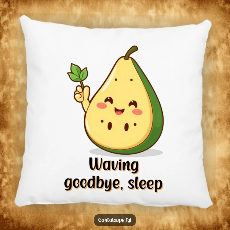 Funny Pillow with a smiling cantaloupe wedge cheerfully waving with its small leafy hand, perfect for friendly decor.