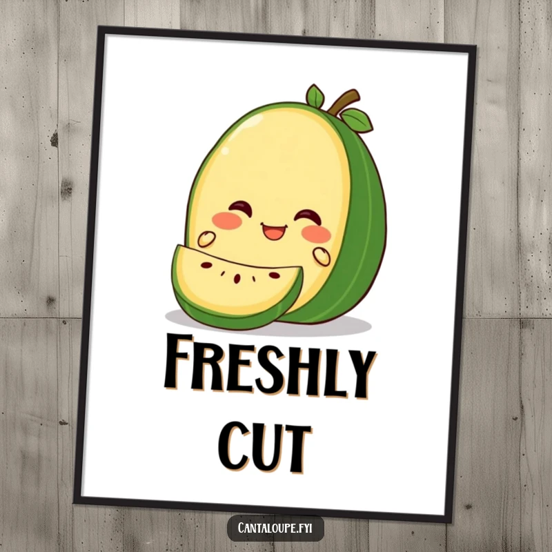 Funny Gleeful Cantaloupe Digital Art: High-resolution art of a cantaloupe character looking overjoyed while being gently sliced, perfect for digital display.