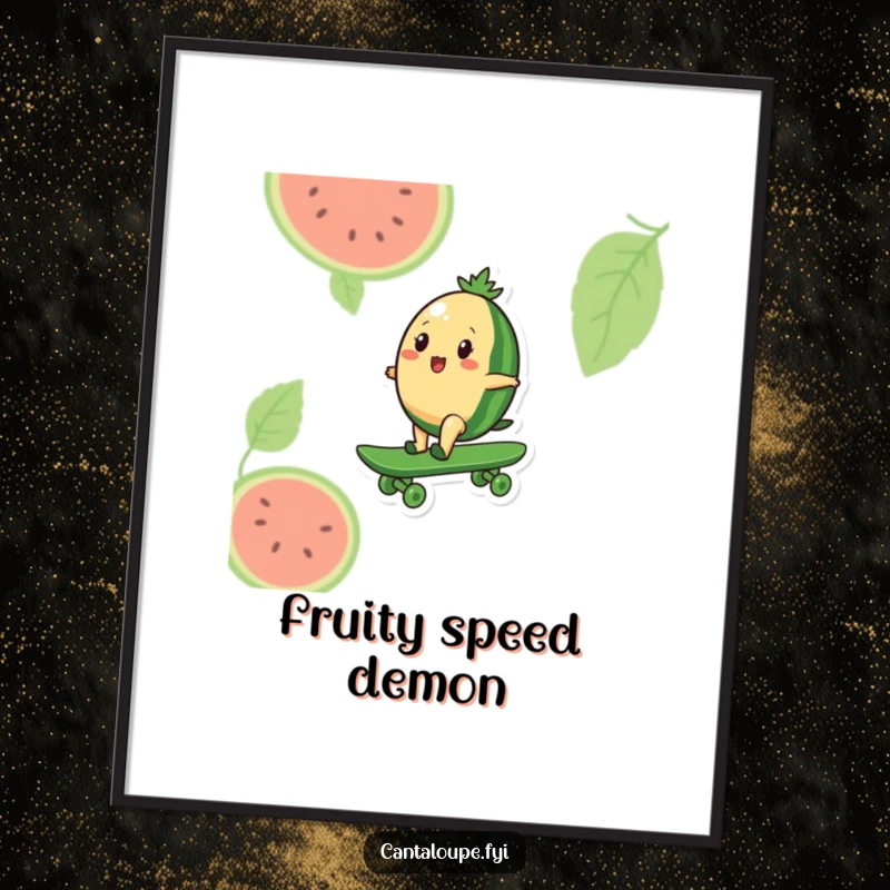 Funny digital art print of a cantaloupe character confidently riding a giant watermelon as a skateboard, ready for instant download and display.