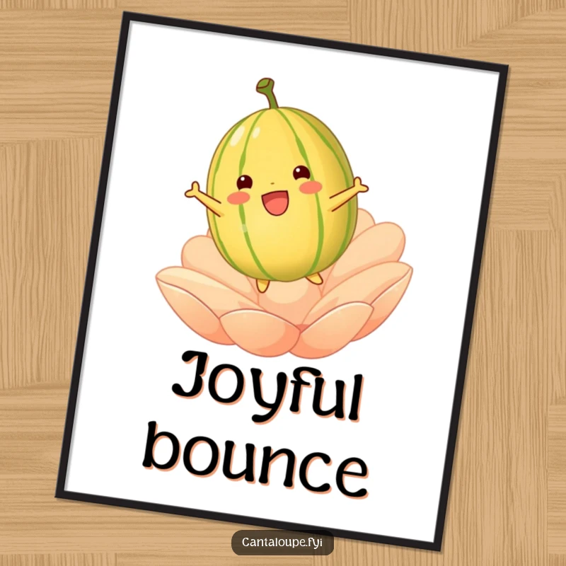 Funny cantaloupe character joyfully bouncing on a petal, high-resolution digital art print, radiating pure fun and happiness.