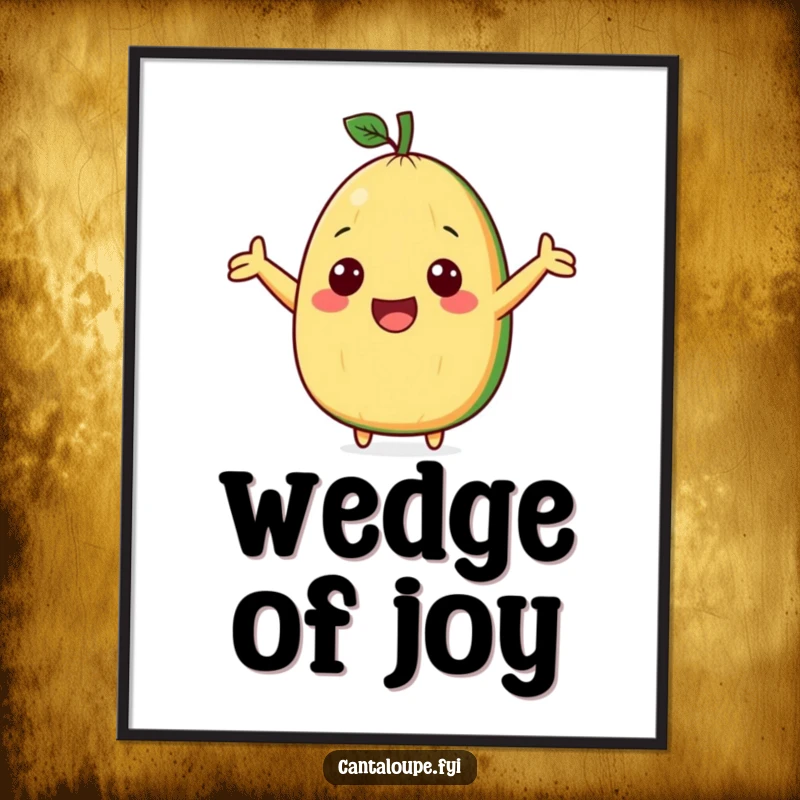 Funny digital art print of a cute cantaloupe wedge character with arms outstretched, cheering with infectious enthusiasm.