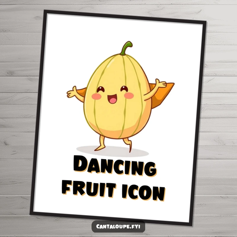 Funny cantaloupe character performing a silly dance, its rind styled as a cape, available as a downloadable art print.
