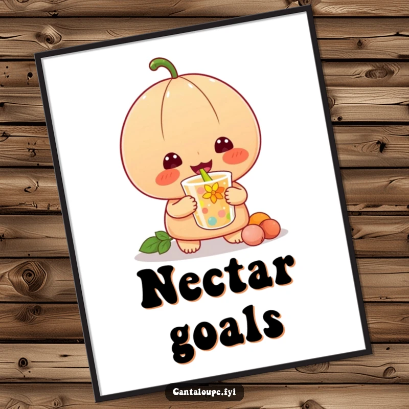 Funny digital art of a cantaloupe character joyfully slurping a colorful drink, ready for immediate printing and display.