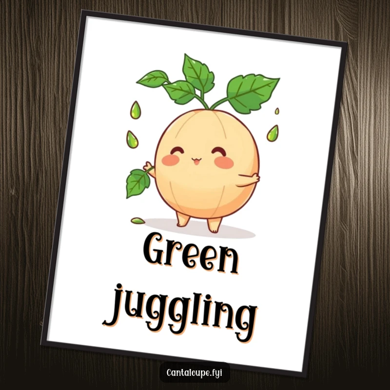 Funny cantaloupe character juggling dewy leaves, high-resolution digital art print, bursting with energy and humor for instant wall decor.