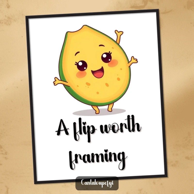 Funny Cantaloupe Slice Digital Art: A cheerful cantaloupe character mid-somersault, creating an energetic and humorous artistic statement. Downloadable fun.