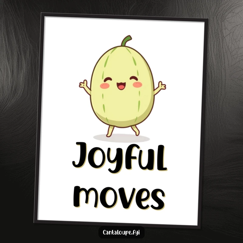 Funny digital art print of a cantaloupe character joyfully dancing with abandon, its body captured mid-sway in a moment of pure, fruity mirth.