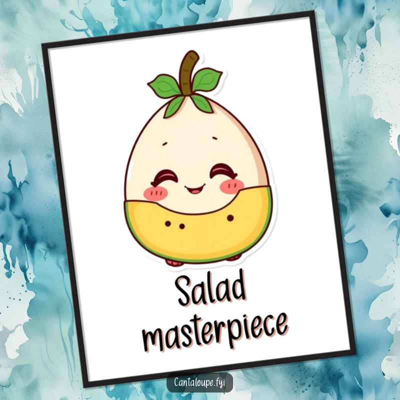 Funny cantaloupe character looking excited to be part of a fruit salad, available as a downloadable art print.