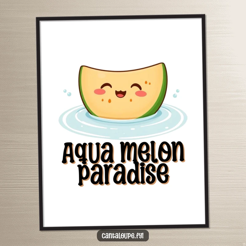 Funny digital art print of a giggling cantaloupe slice character bobbing in refreshing water, ideal for kitchens and summer-themed spaces.