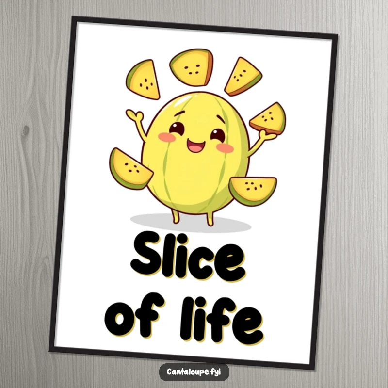 Funny digital art print of a grinning cantaloupe character skillfully juggling slices of itself, ready for instant download and display.