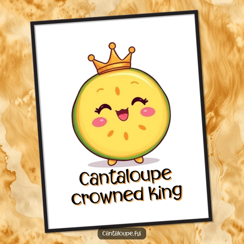 Funny digital art print of a delighted cantaloupe slice character wearing a tiny crown, ideal for adding a regal and humorous touch.