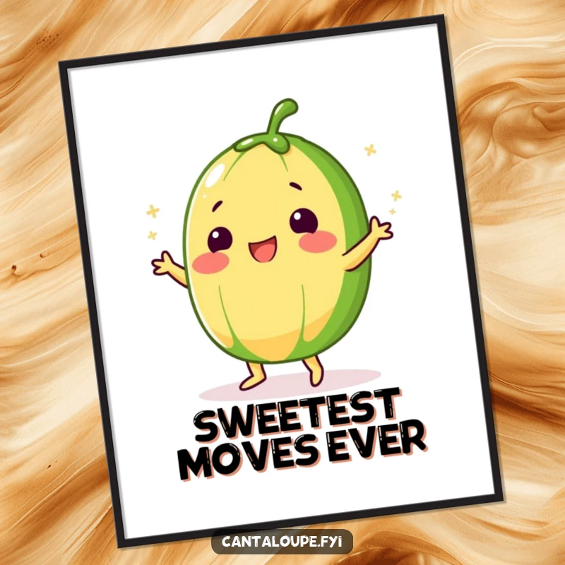 Funny Cantaloupe Digital Art Print of a character doing a silly dance, sprinkled with sugar, bringing sweet, rhythmic energy.