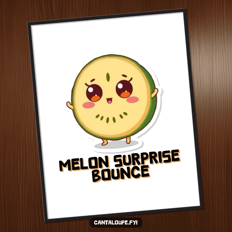 Funny digital art of a cantaloupe slice character in a surprised upward bounce, eyes wide, full of joy.