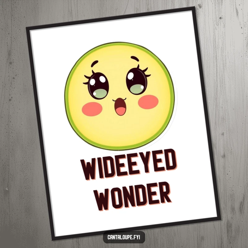 Funny Cantaloupe Slice Digital Art: A cantaloupe character with wide, watery eyes conveys comical surprise, creating a dynamic and humorous visual for your space. Downloadable shock.