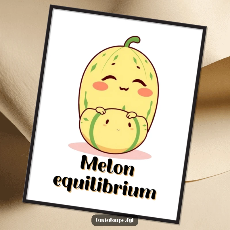 Funny cantaloupe character winking while balancing a smaller melon, available as a downloadable art print.