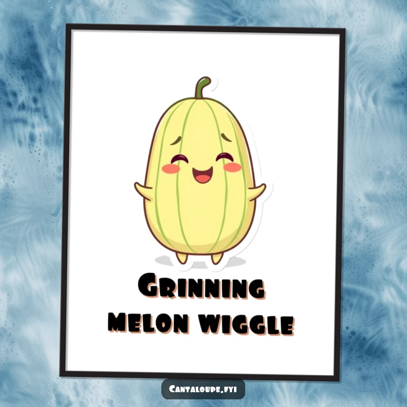 Funny digital art print of a grinning cantaloupe character wiggling with pure joy, ideal for instant happy decor.