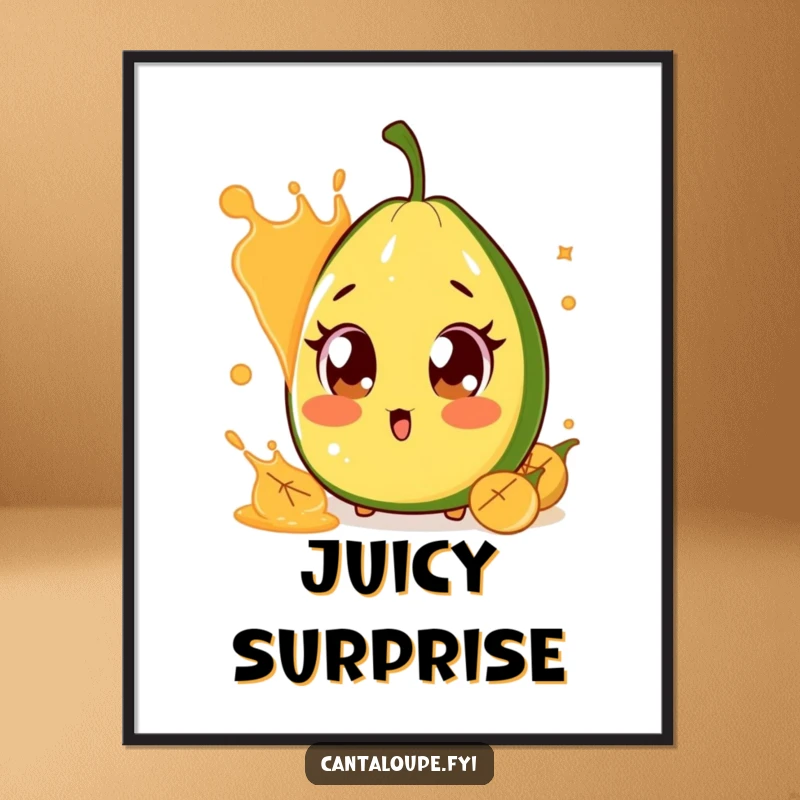 Funny Surprised Cantaloupe Digital Art: High-resolution art of a cantaloupe character with huge, surprised eyes, reacting to a juice splash, perfect for digital display.