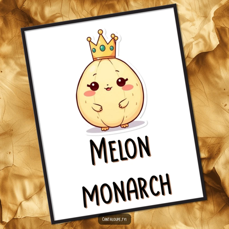 Funny cantaloupe character wearing a tiny crown, high-resolution digital art print, exuding regal authority and humorous sophistication.