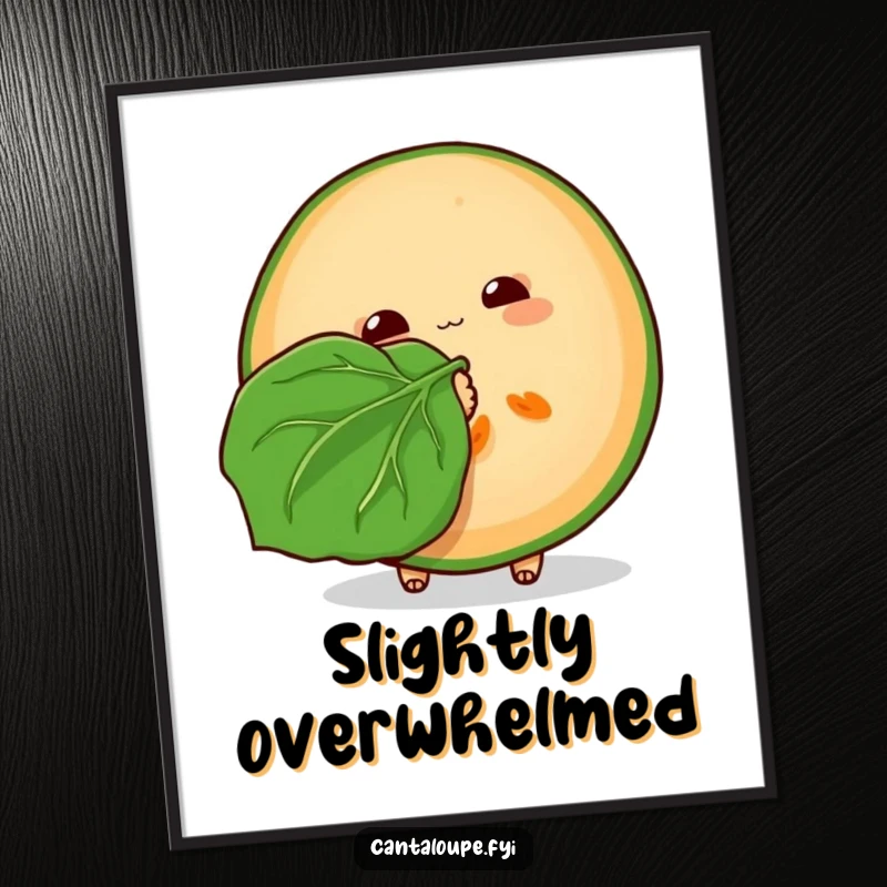 Funny Cantaloupe Digital Art: A high-resolution image of a cantaloupe slice fanning itself with a leaf, ready to print for cool decor.