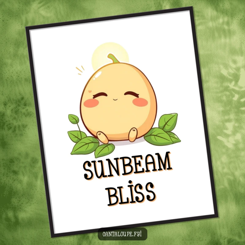 Funny digital art of a cantaloupe character peacefully enjoying a sunbeam with closed eyes, ready for immediate printing and display.
