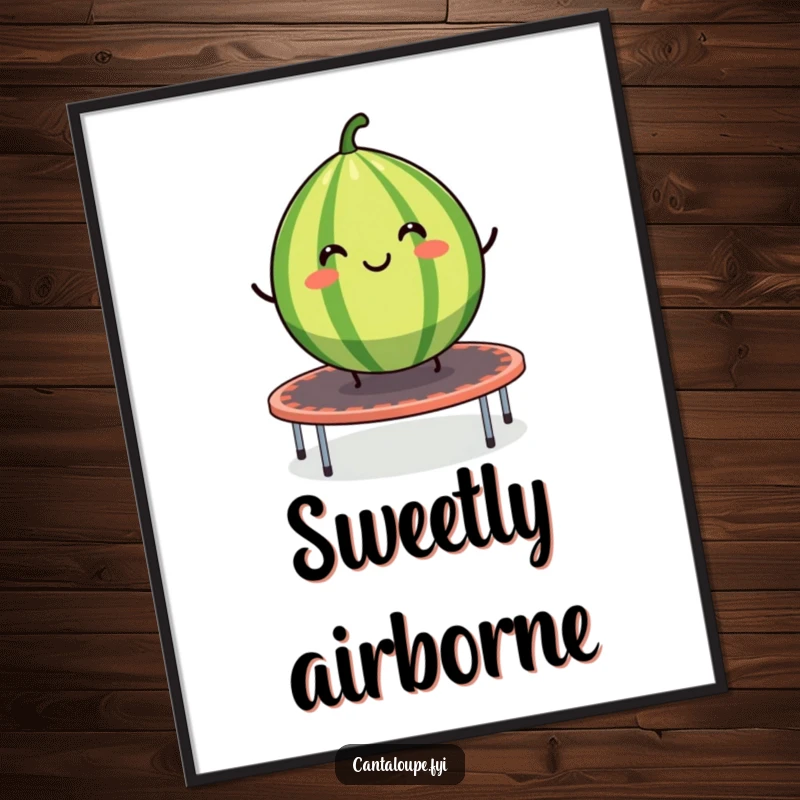 Funny digital art print of a smiling cantaloupe segment bouncing on a trampoline, perfect for humorous wall decor.