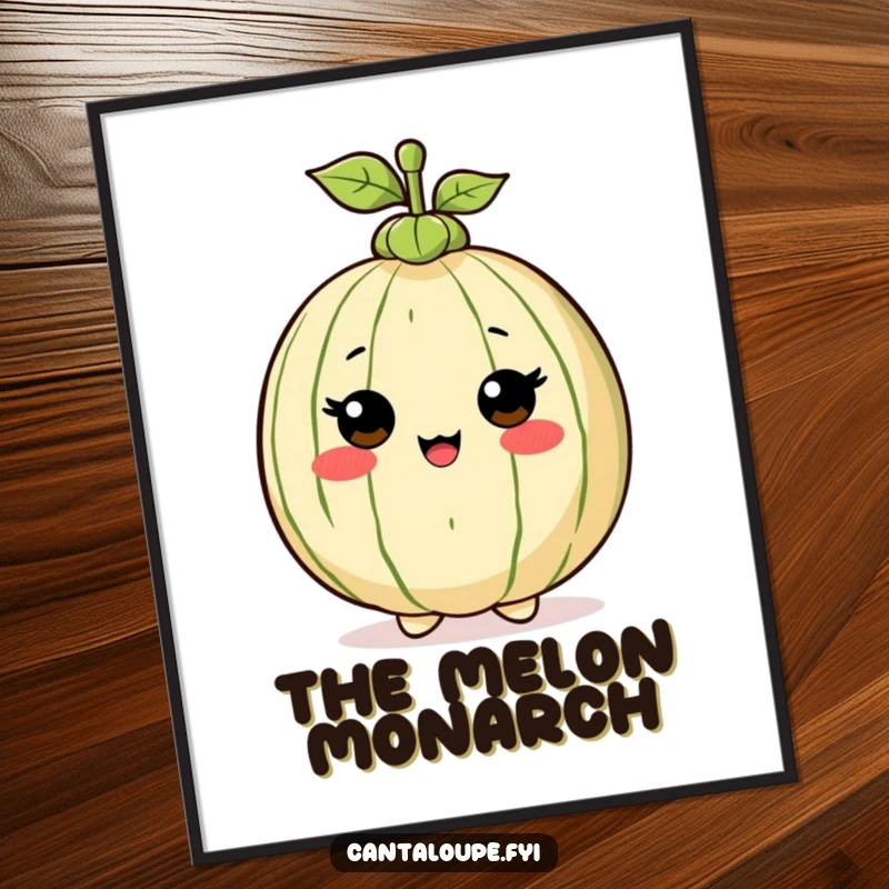 Funny Digital Art Print: Cantaloupe character wearing a tiny stem hat with pride, a stylish and cheerful piece of art.