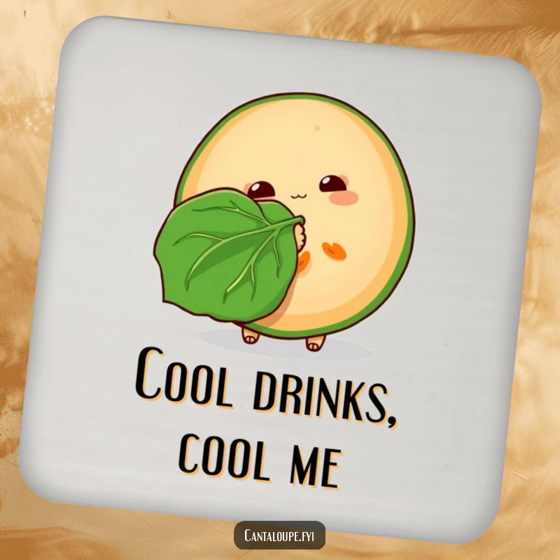Funny Cantaloupe Coaster: A coaster depicting a cantaloupe slice fanning itself with a leaf, offering humorous protection for surfaces.