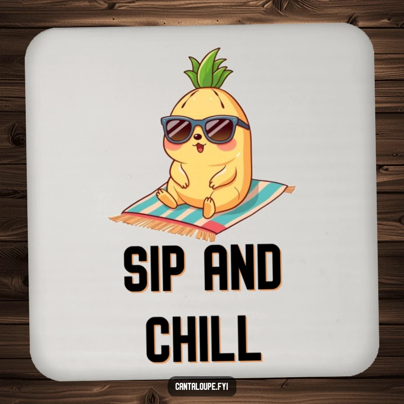 Funny cantaloupe character with sunglasses lounging on a beach towel, a set of humorous drink coasters.