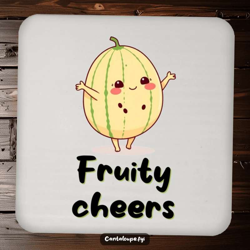 Funny drink coaster with a cheerful cantaloupe character with small feet, doing a cartwheel with delight.