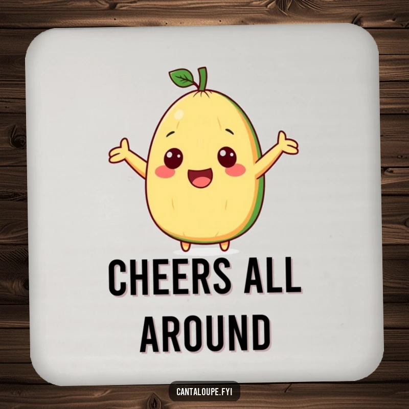 Funny coaster depicting a cute cantaloupe wedge character with arms outstretched, cheering enthusiastically, protecting tables.