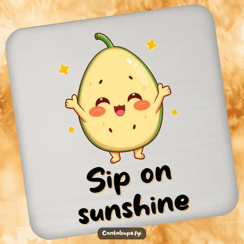 Funny Cantaloupe Coaster: A charming coaster featuring a cantaloupe character cheering with a vibrant, sunny disposition.