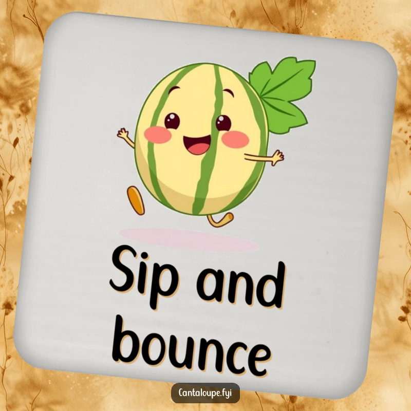 Funny Cantaloupe Coaster designed with a happy cantaloupe segment character mid-bouncy step, adding playful flair.