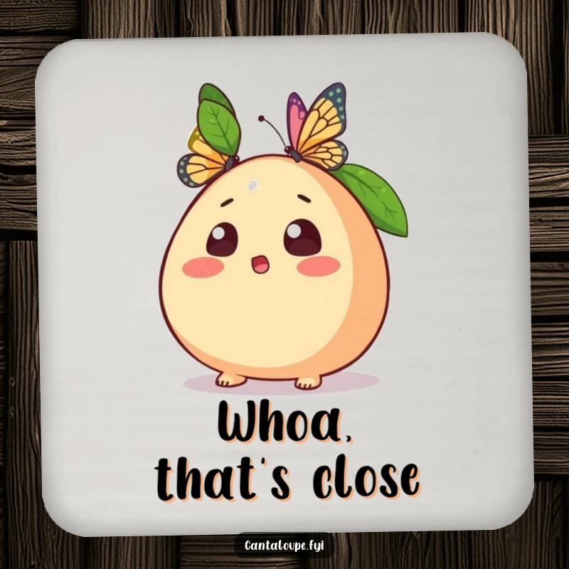 Funny drink coaster featuring a startled cantaloupe character with a butterfly landing nearby, protecting surfaces with humor.