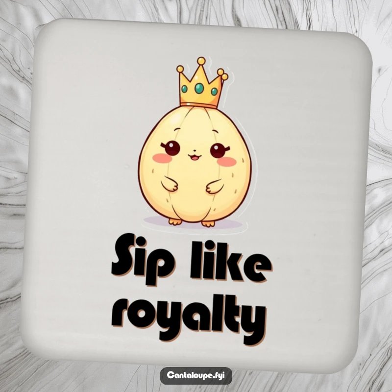Funny cantaloupe character wearing a crown on a drink coaster, offering regal protection and a touch of humorous charm.
