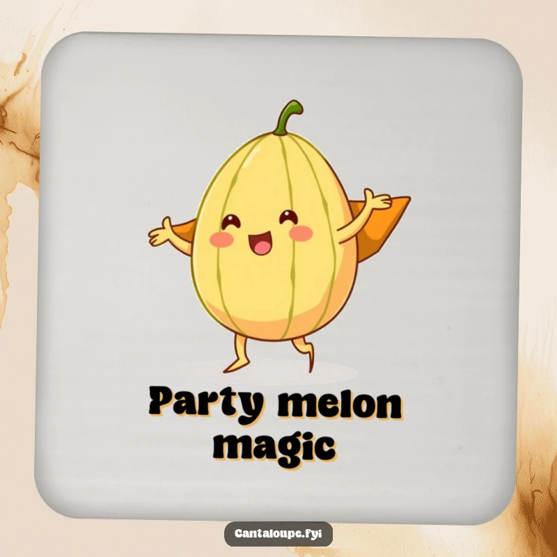Funny cantaloupe character doing a silly dance with its rind as a cape, a humorous coaster for table protection.