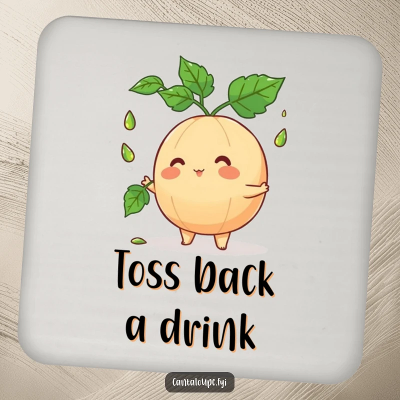 Funny cantaloupe character skillfully juggling leaves on a drink coaster, adding a touch of fruity humor to beverage service.