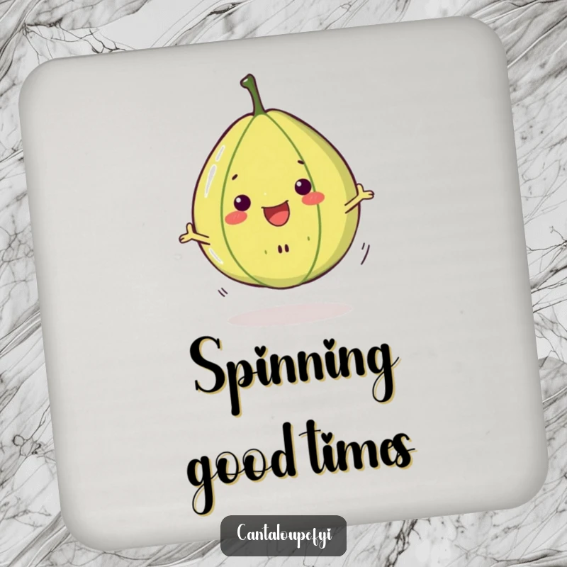 Funny Cantaloupe Slice Coaster: A small coaster showcasing a cheerful cantaloupe slice character in a fun spinning pose, preventing drink rings.